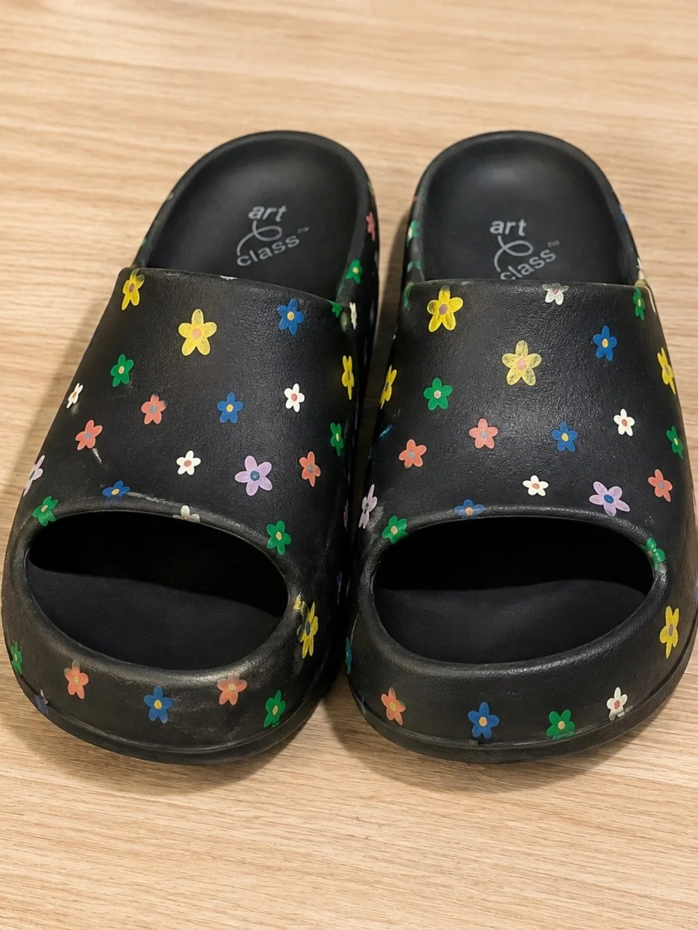 Kids Black Floral Slide Sandals with Colorful Flowers